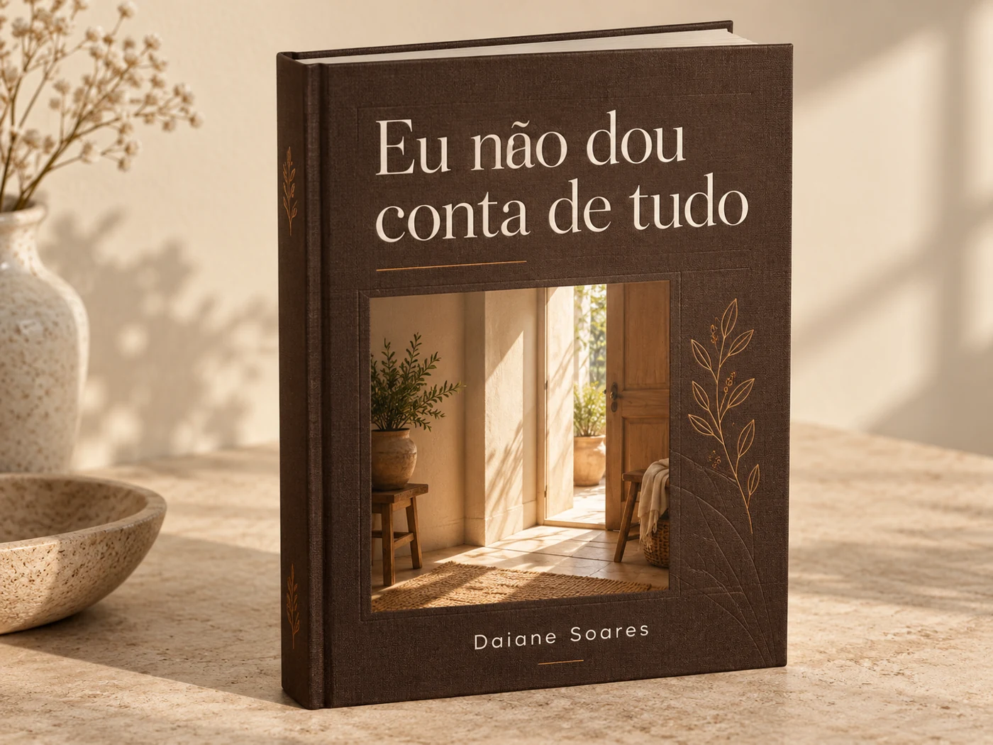 Prévia de apresentação do e-book Eu não dou conta de tudo, de Daiane Soares, em um mockup de livro marrom com textura e páginas aparentes
